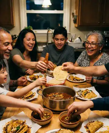 Family sharing birria tacos at the dinner table